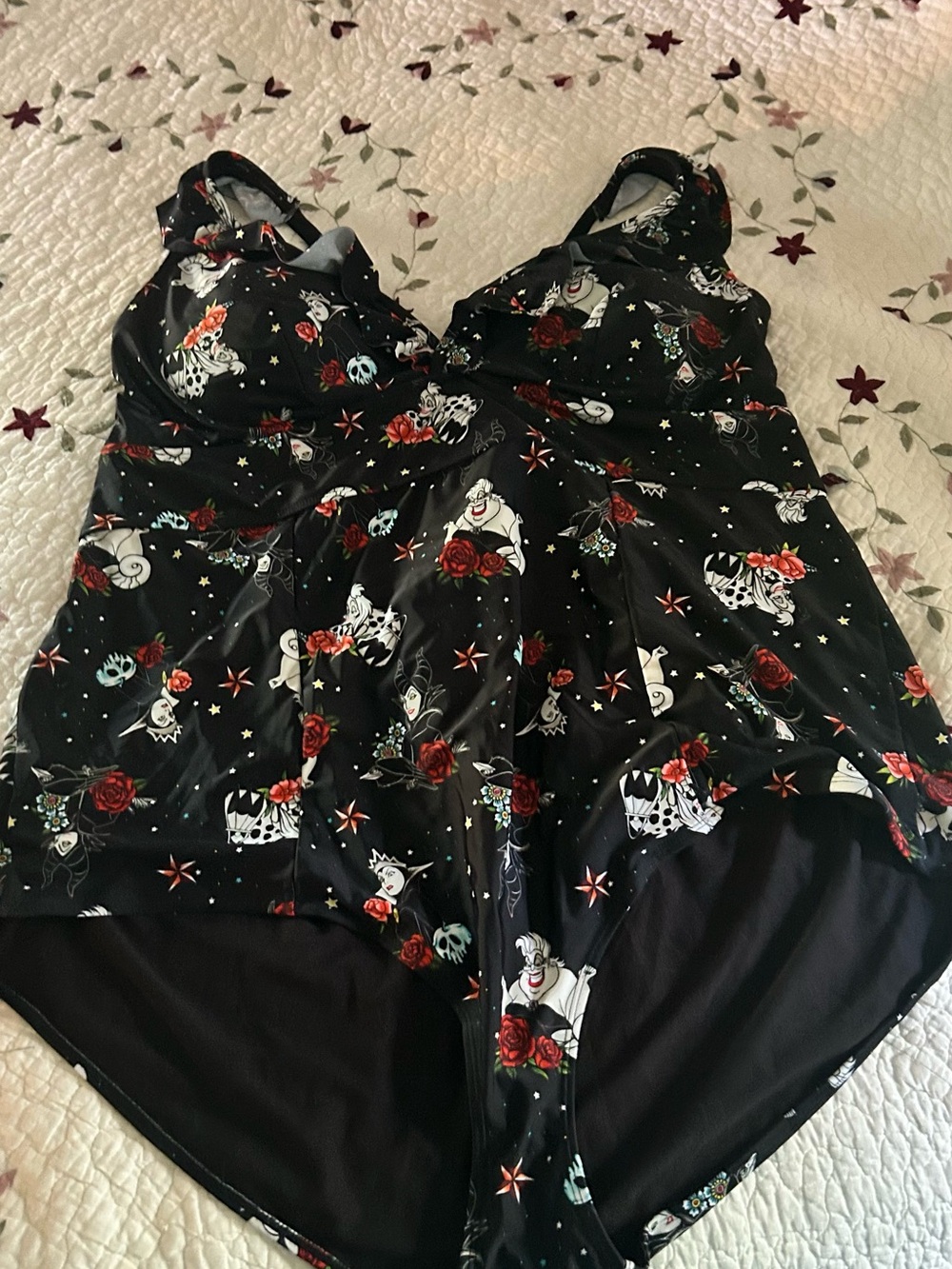 Disney Women Swim One-Piece Black with Red Rose and White Character Print